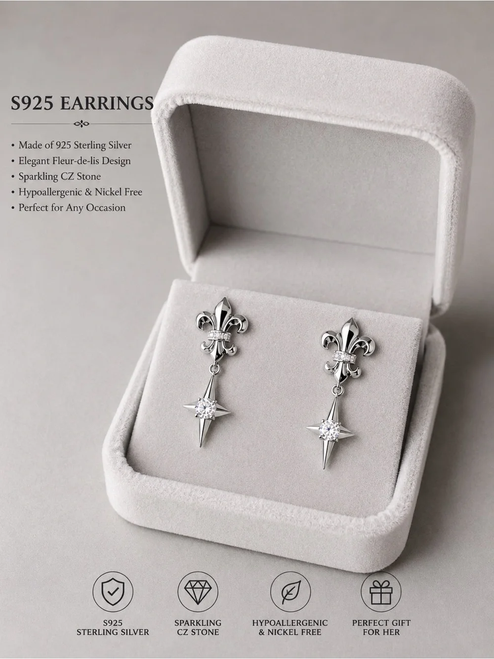 S925 Sterling Silver Fleur-de-Lis Star Drop Earrings | CZ Dangle Earrings